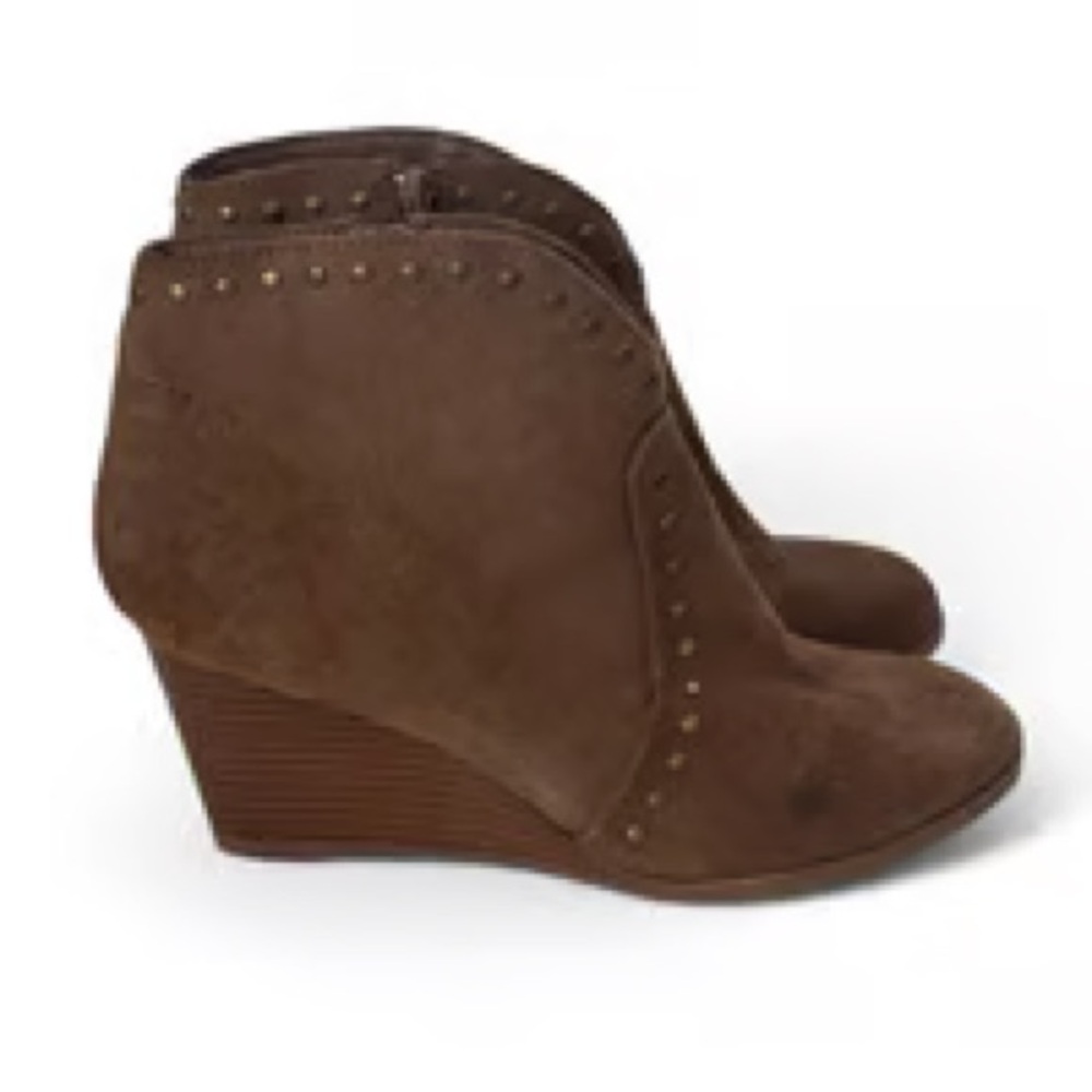 Women’s Brown Suede Wedge Ankle Boots with Stud Trim